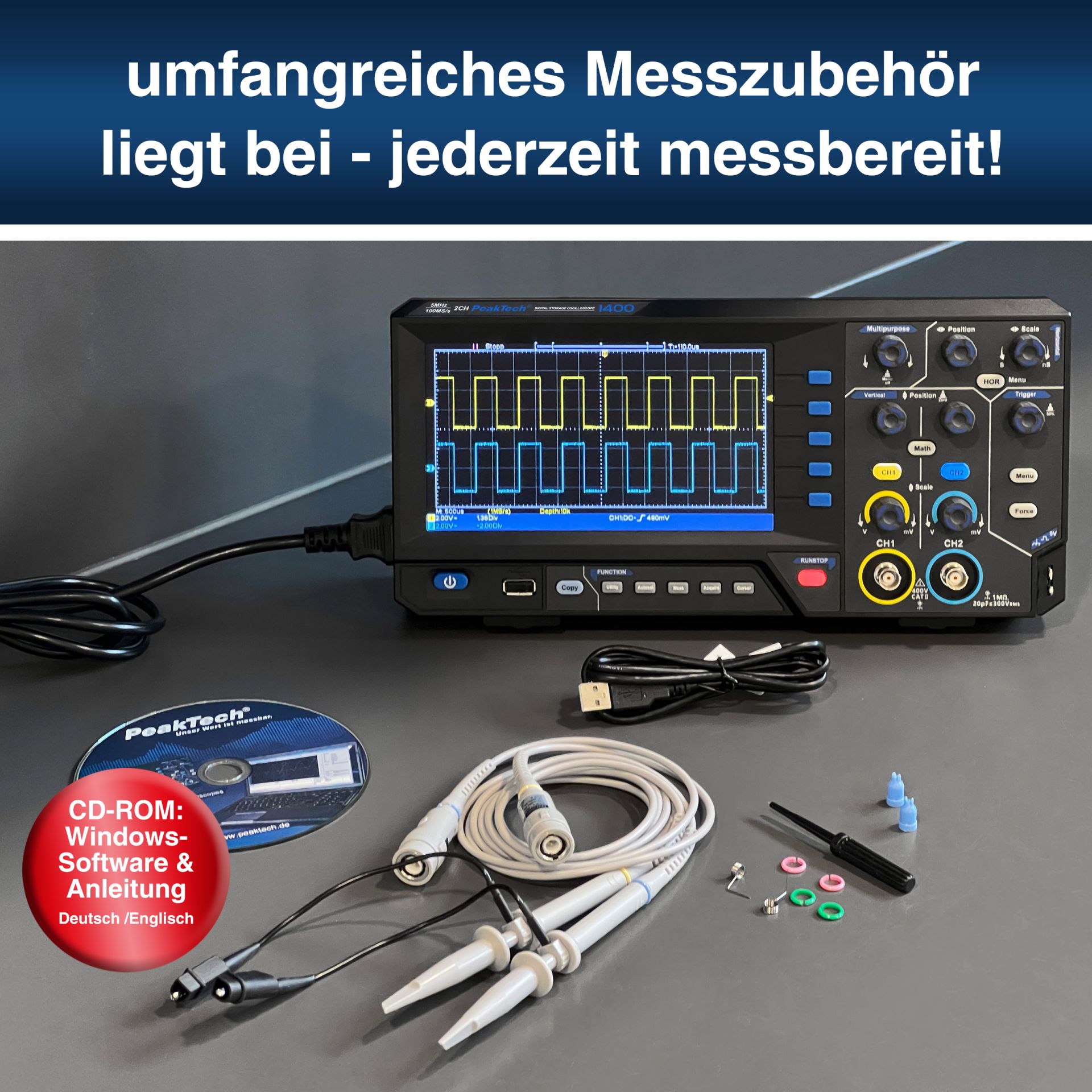 PeakTech P 1400 5 MHz / 2 CH, 100 MS/s Digitalspeicheroszilloskop