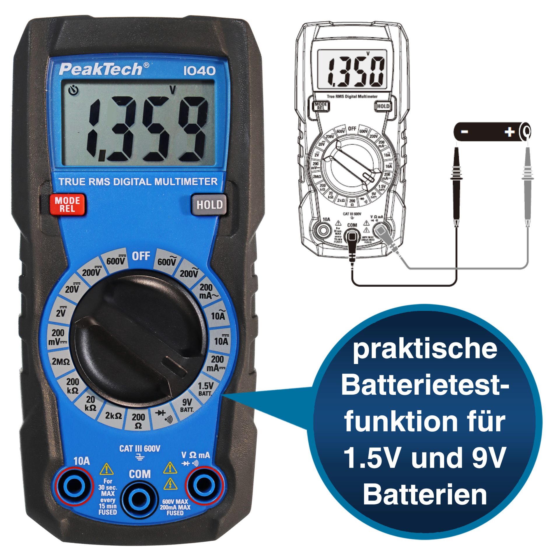 PeakTech P 1040 TrueRMS Digital Multimeter 2000 Counts, Man. Range
