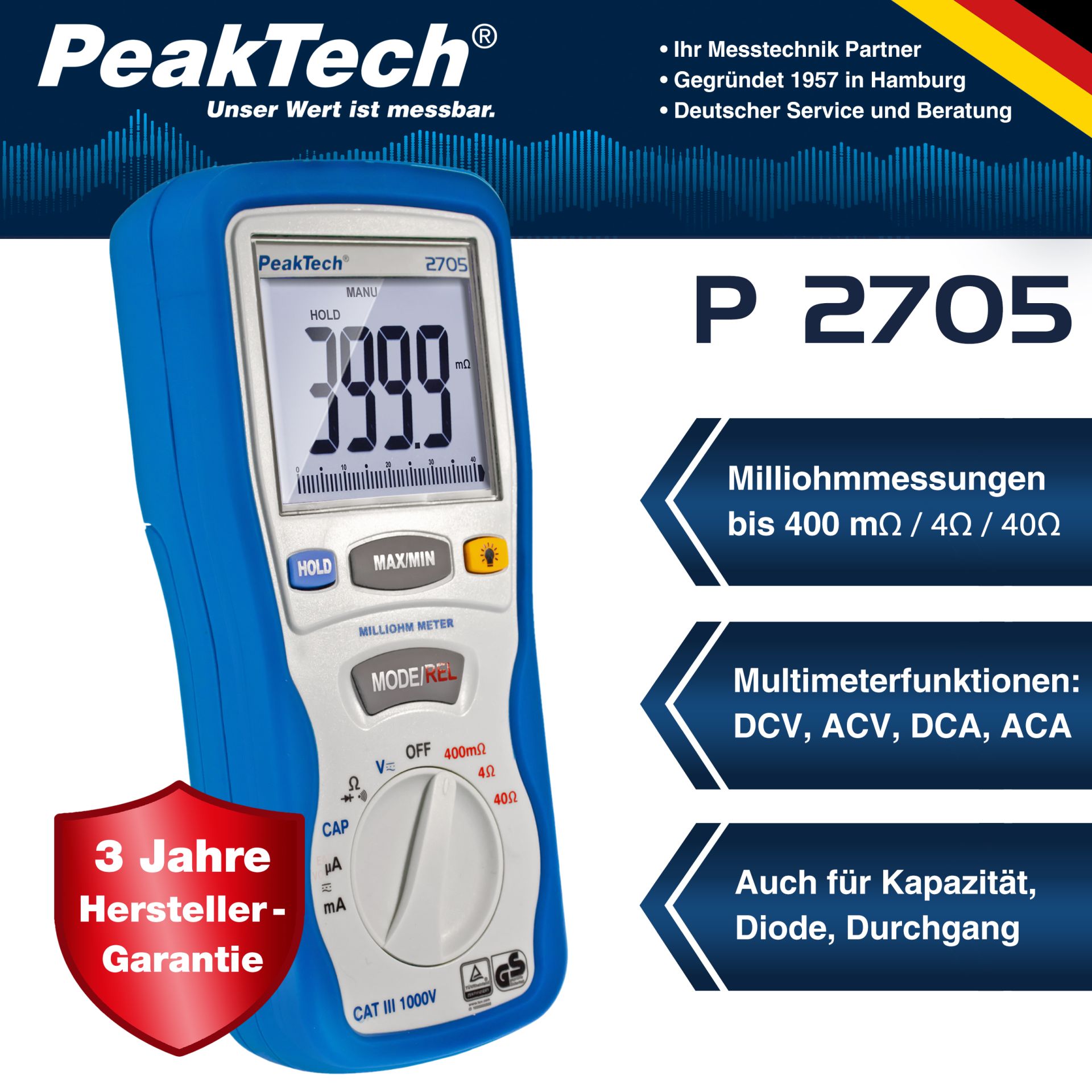 PeakTech P 2705 Digital-Milliohmmeter, 4.000 Counts, 400 mΩ/4/40/Ω