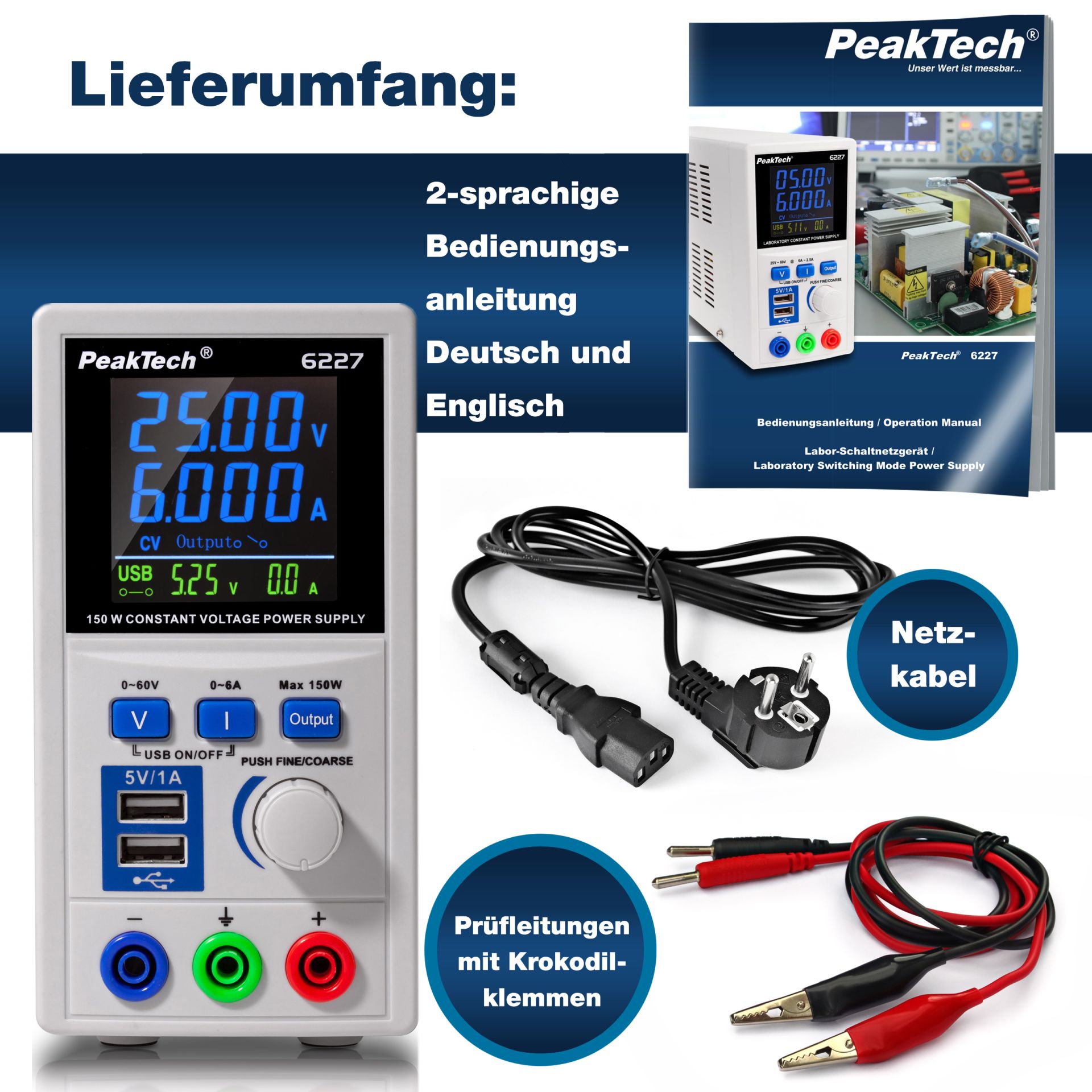 PeakTech P 6227 DC Schaltnetzgerät 0-60 V / 0-6 A mit 2 x USB