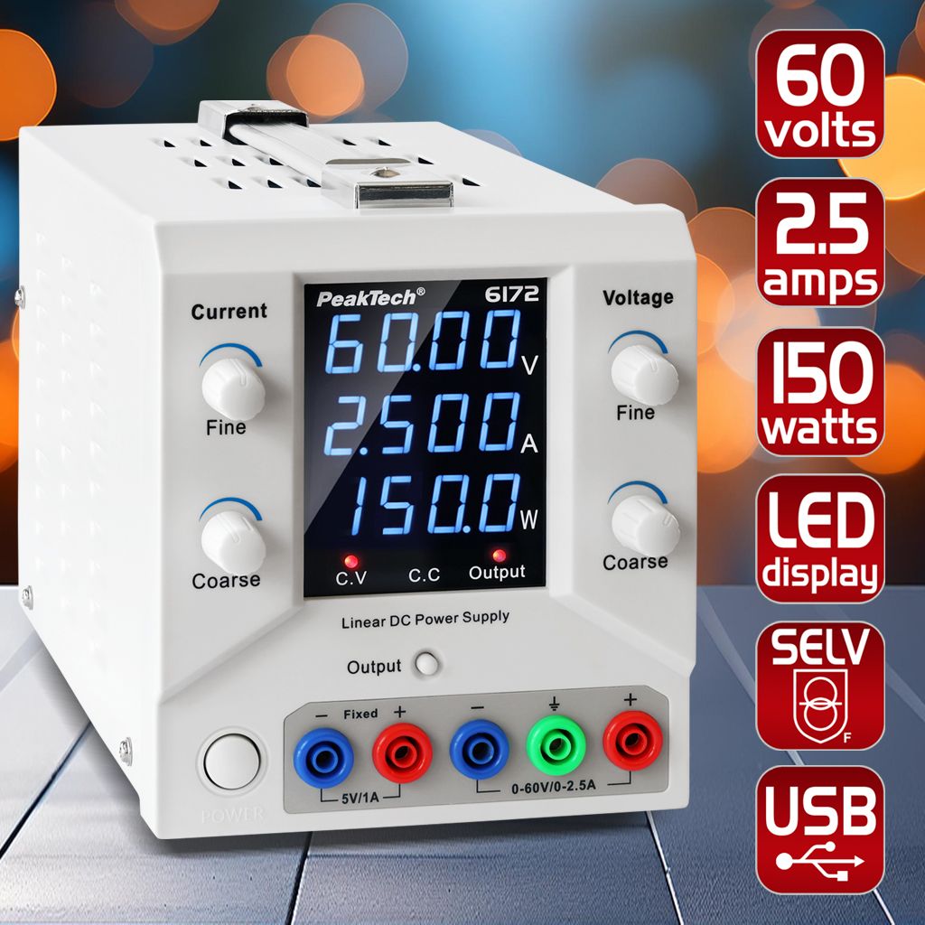 PeakTech P 6172 Digital Labornetzgerät 0-60 V / 0-2,5 A DC & USB