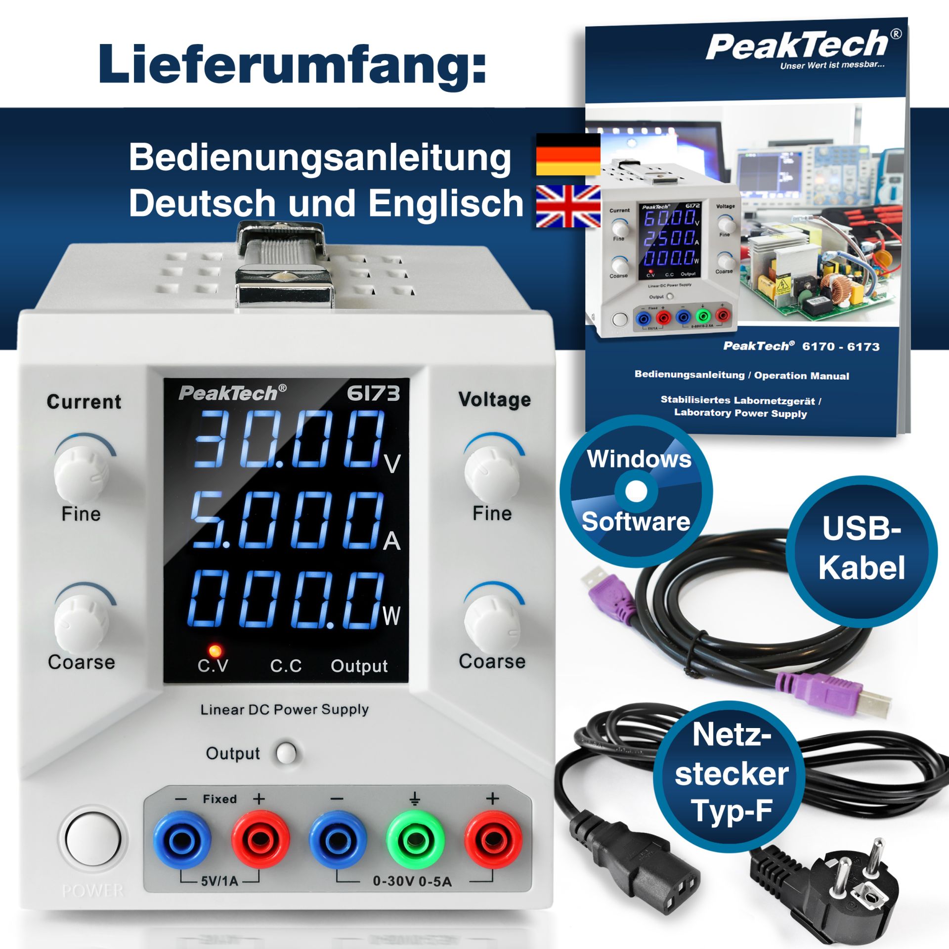 PeakTech P 6173 Digital Labornetzgerät 0-30 V / 0-5 A DC & USB