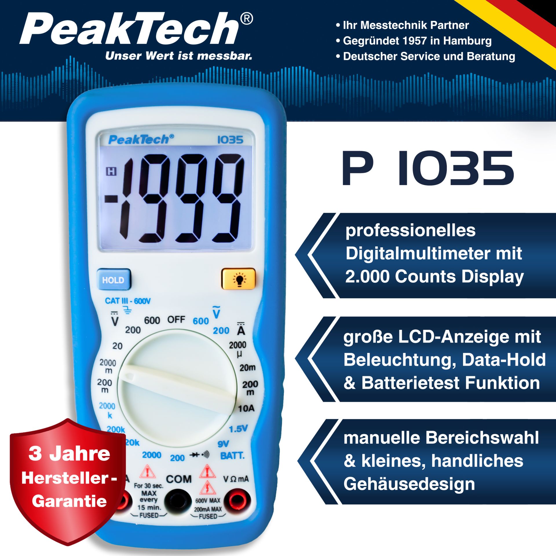 PeakTech P 1035 600V AC/DC Digitalmultimeter ~ 2000 stellige LCD
