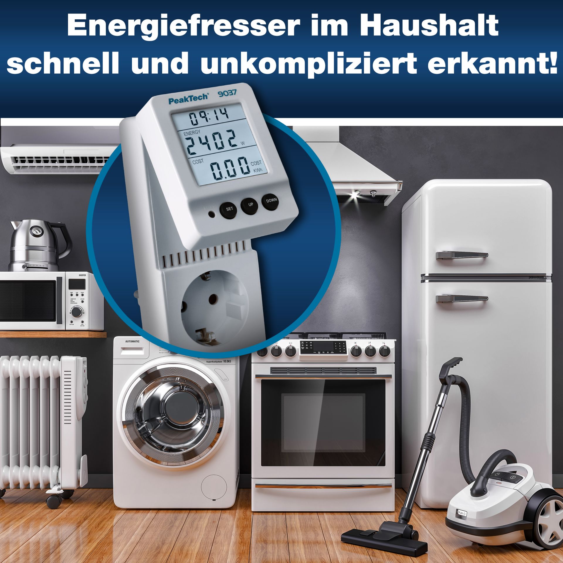 PeakTech P 9037 Energiekostenmessgerät 0,1W Auflösung mit schwenkbarem LCD