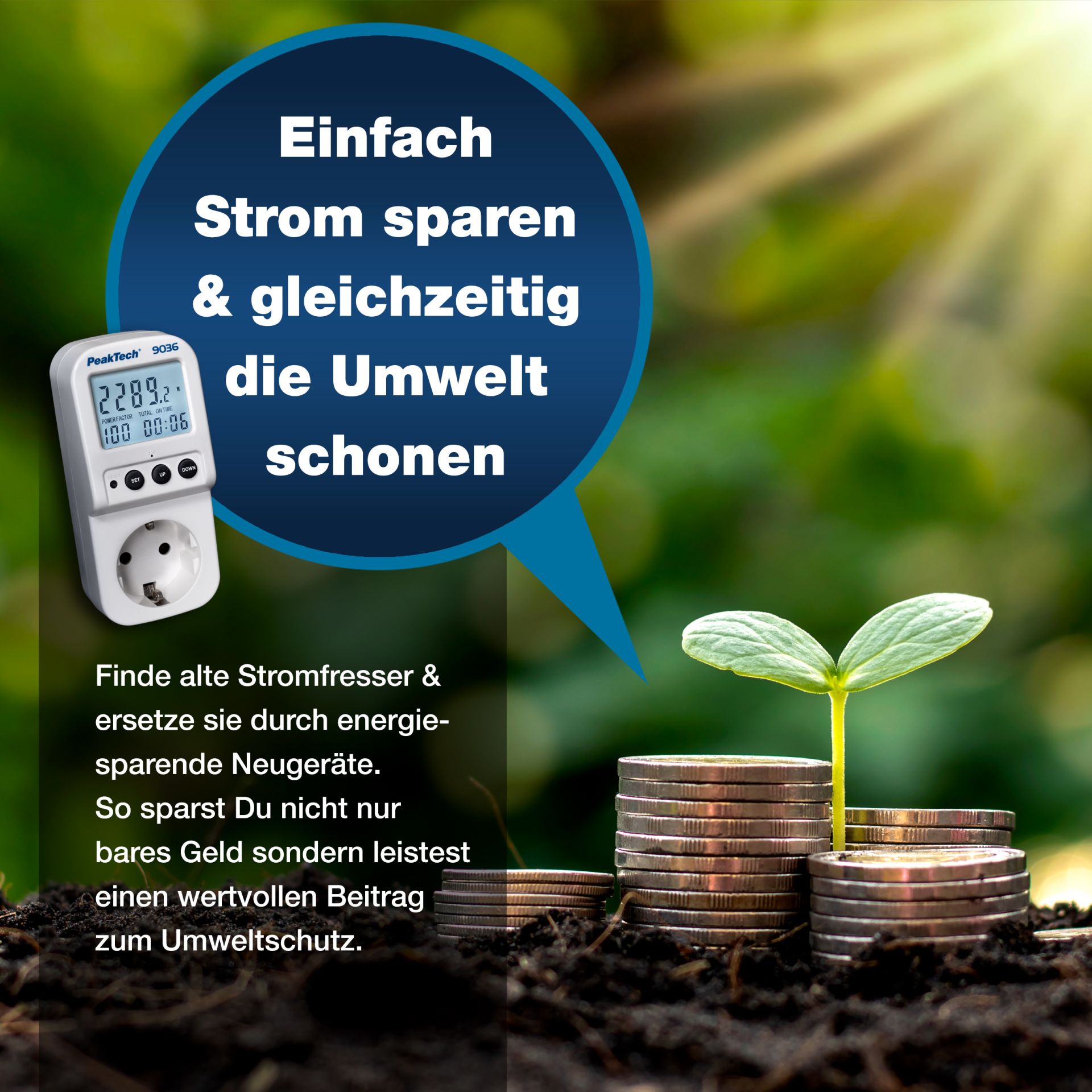 PeakTech P 9036 Energiekostenmessgerät 0,1W Auflösung mit beleuchteter LCD